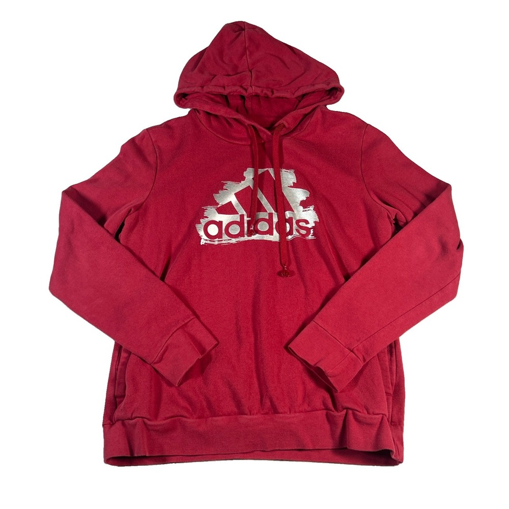 Adidas Solid Faded Red Logo Print Drawstring Pullover Hoodie Womens Size Large